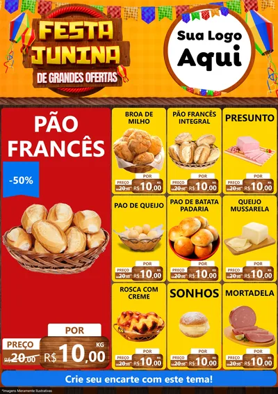 Modelo de Encarte para Encarte A4 Vertical com o tema Festa Junina de Grandes Ofertas para Padaria