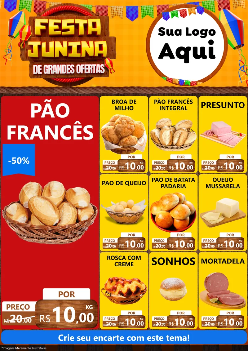 Modelo de Encarte para Encarte A4 Vertical com o tema Festa Junina de Grandes Ofertas para Padaria
