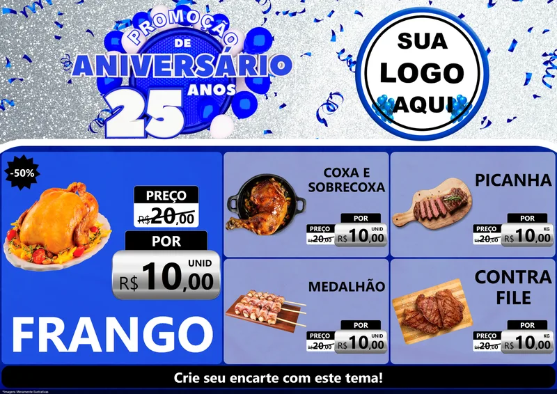 Modelo de Encarte para Encarte A4 Horizontal com o tema Promoção de Aniversário - 25 Anos para Assados