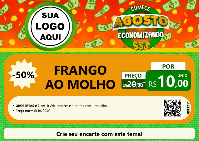 Modelo de Cartaz para Cartaz A4 Horizontal com o tema Comece Agosto Economizando para Restaurante