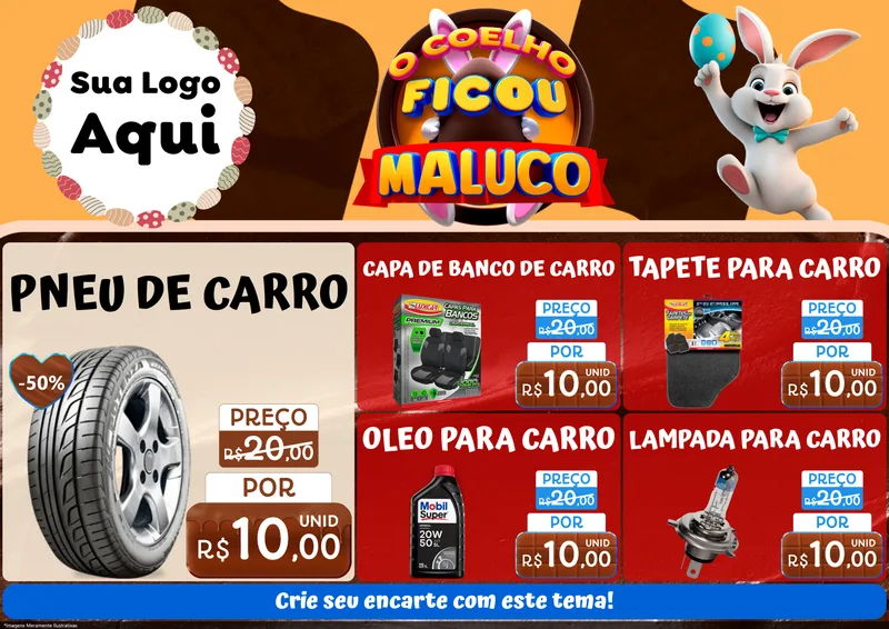 Modelo de Encarte para Encarte A4 Horizontal com o tema O Coelho Ficou Maluco - Páscoa para Auto peças