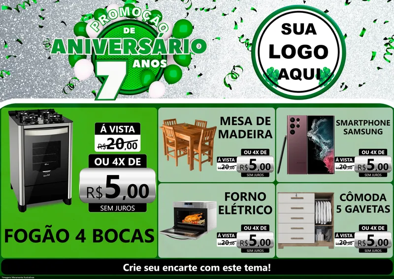 Modelo de Encarte para Encarte A4 Horizontal com o tema Promoção de Aniversário - 7 Anos para Móveis e Eletro
