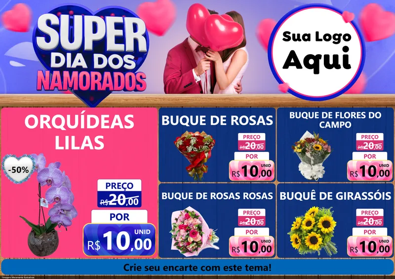 Modelo de Encarte para Encarte A4 Horizontal com o tema Super Dia dos Namorados para Floricultura e jardim