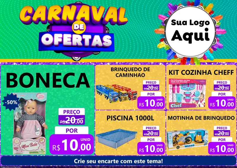 Modelo de Encarte para Encarte A4 Horizontal com o tema Carnaval de Ofertas para Brinquedos