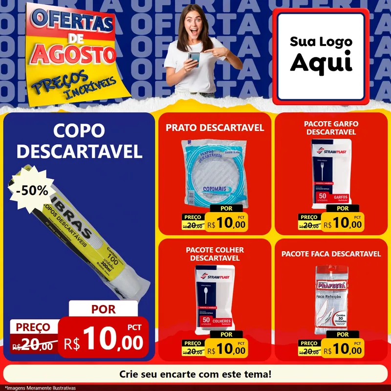 Modelo de Rede Social para Feed Facebook com o tema Ofertas de Agosto - Preços Incríveis para Embalagens