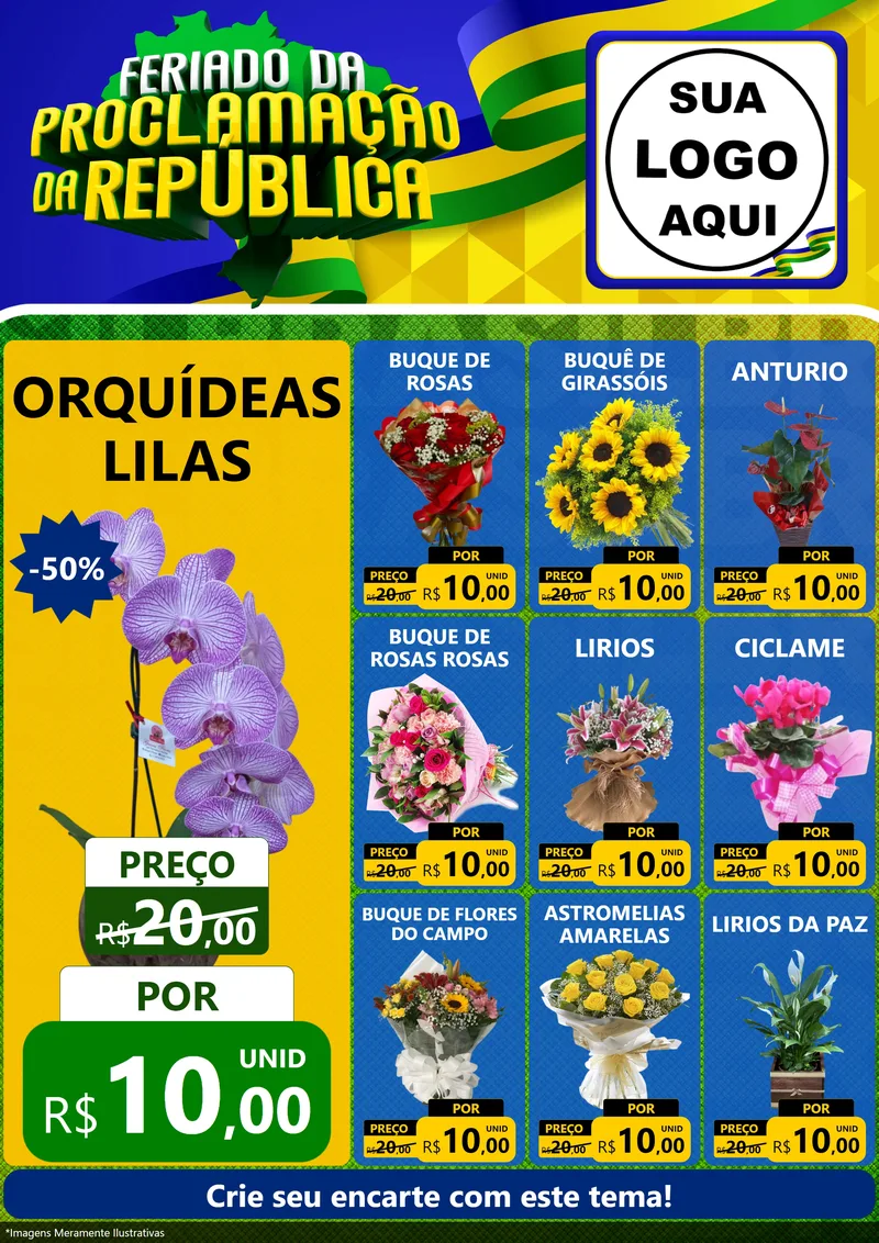 Modelo de Encarte para Encarte A4 Vertical com o tema Feriado da Proclamação da República para Floricultura e jardim