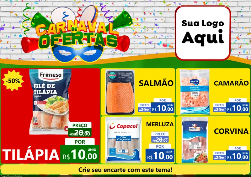 Modelo de Encarte para Encarte A4 Horizontal com o tema Carnaval de Ofertas para Peixaria