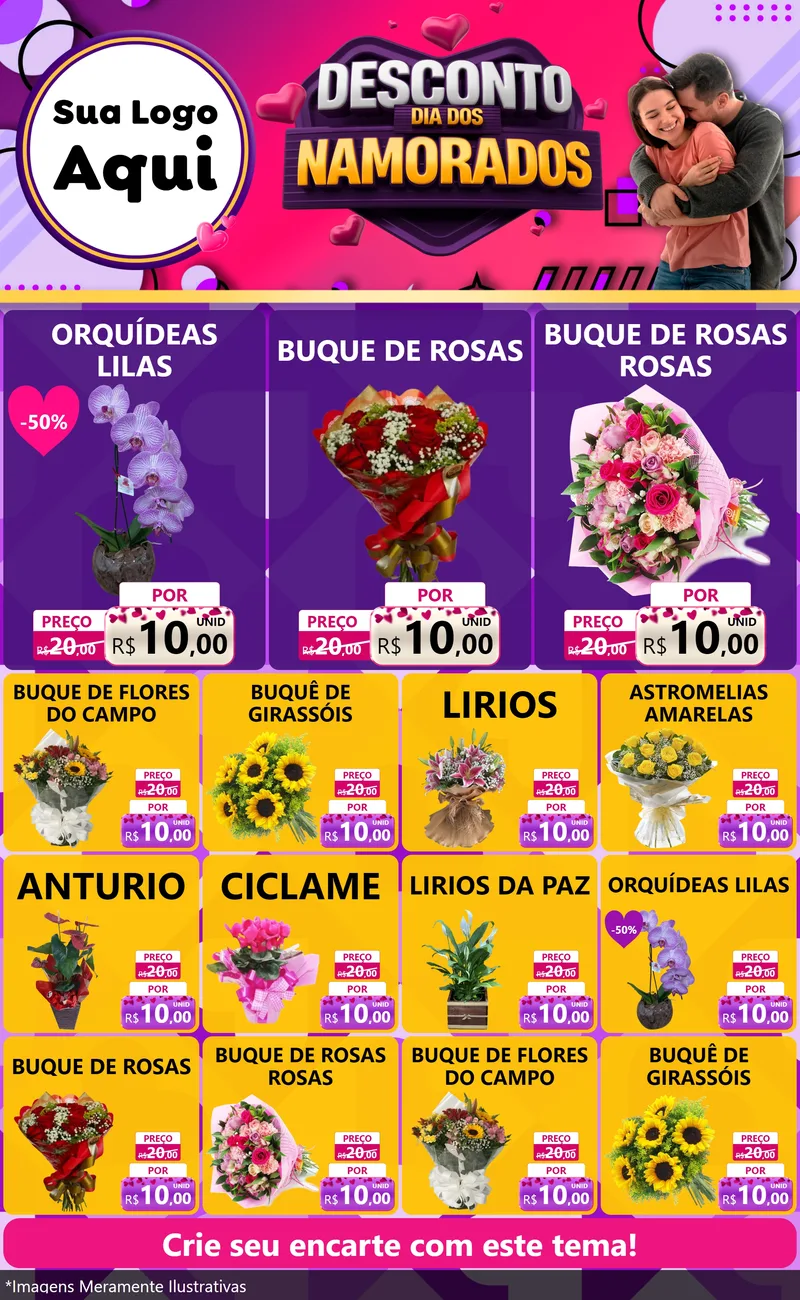 Modelo de Encarte para Encarte Grande com o tema Desconto Dia dos Namorados para Floricultura e jardim