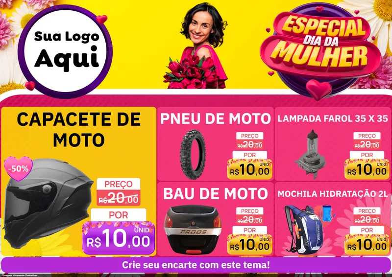 Modelo de Encarte para Encarte A4 Horizontal com o tema Especial Dia da Mulher para Moto peças