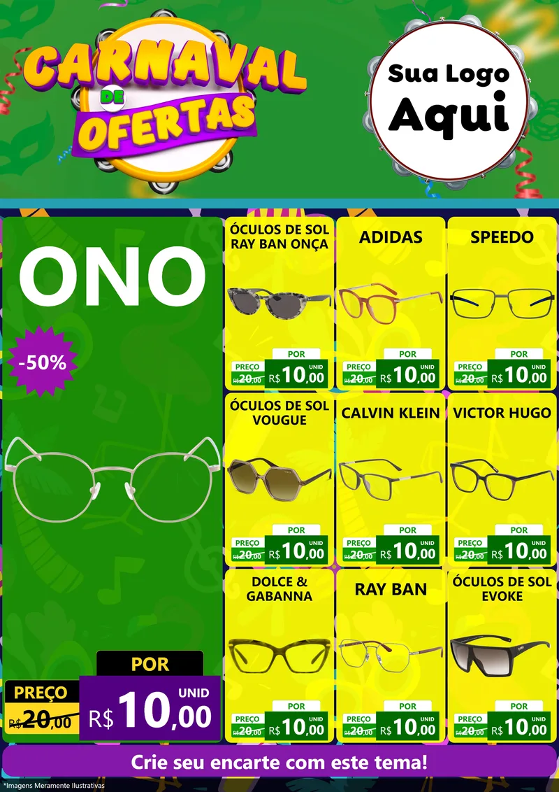Modelo de Encarte para Encarte A4 Vertical com o tema Carnaval de Ofertas para Óticas