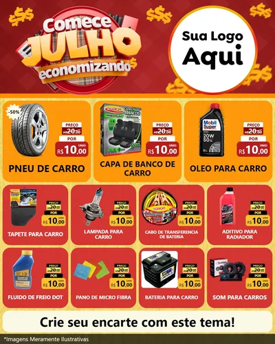 Modelo de Rede Social para Feed Instagram com o tema Comece Julho Economizando para Auto peças