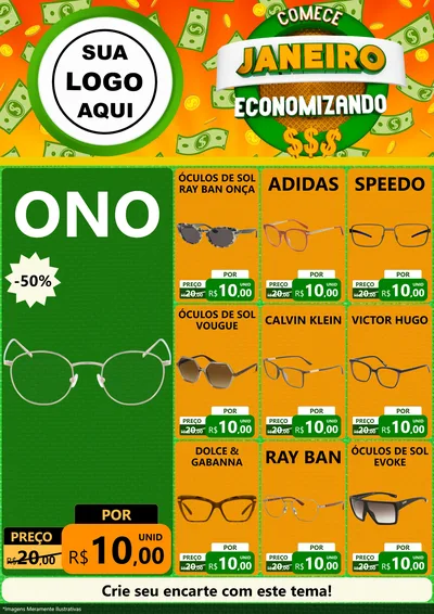 Modelo de Encarte para Encarte A4 Vertical com o tema Comece Janeiro Economizando para Óticas