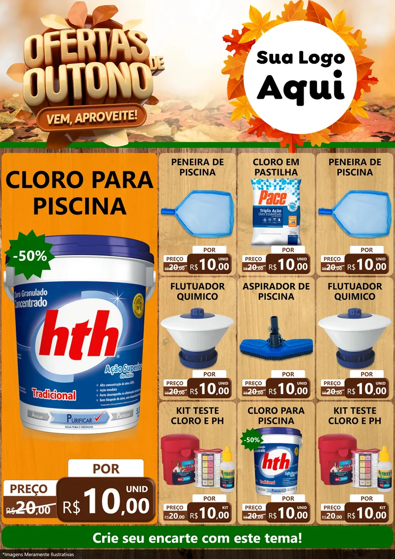 Modelo de Encarte para Encarte A4 Vertical com o tema Ofertas de Outono - Vem, Aproveite! para Produtos para Piscina