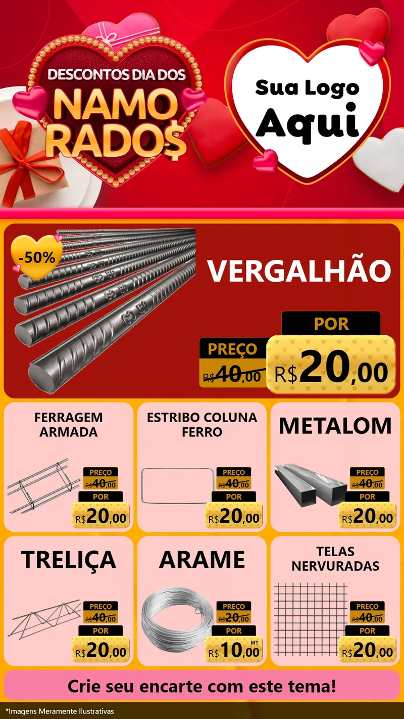 Modelo de Rede Social para Stories com o tema Descontos Dia dos Namorados para Ferragens
