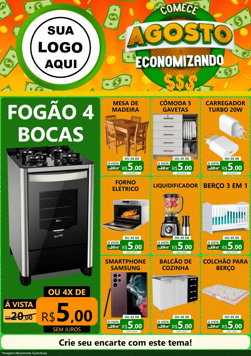 Modelo de Encarte para Encarte A4 Vertical com o tema Comece Agosto Economizando para Móveis e Eletro