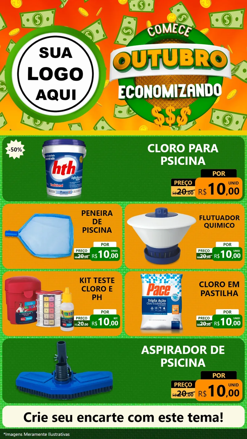 Modelo de TV para TV Vertical com o tema Comece Outubro Economizando para Produtos para Piscina