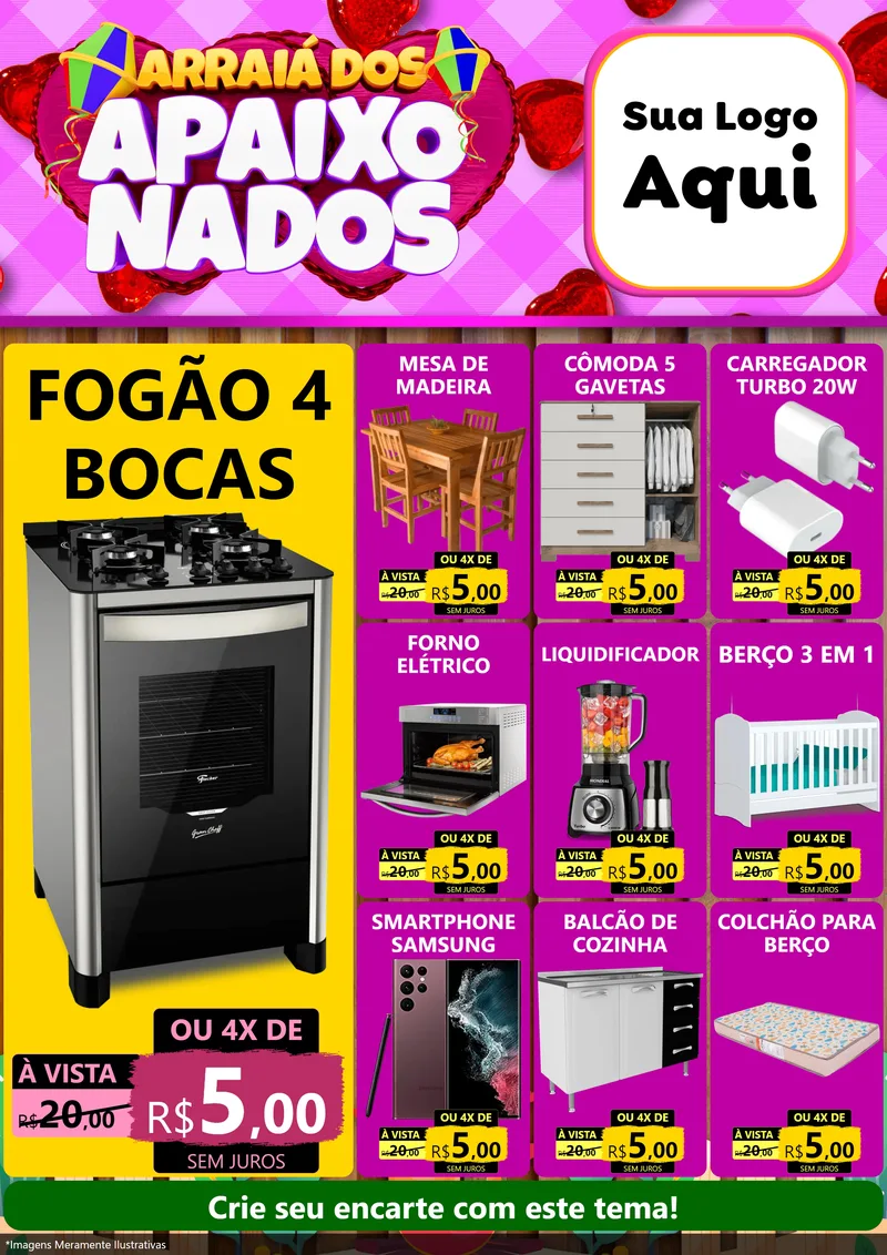 Modelo de Encarte para Encarte A4 Vertical com o tema Arraiá dos Apaixonados para Móveis e Eletro