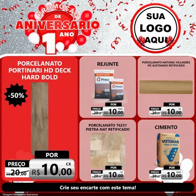 Modelo de Rede Social para Feed Facebook com o tema Promoção de Aniversário - 1 Ano para Pisos e revestimentos
