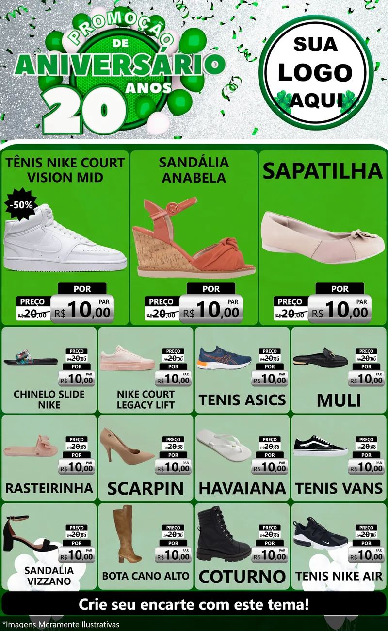 Modelo de Encarte para Encarte Grande com o tema Promoção de Aniversário - 20 Anos para Calçados