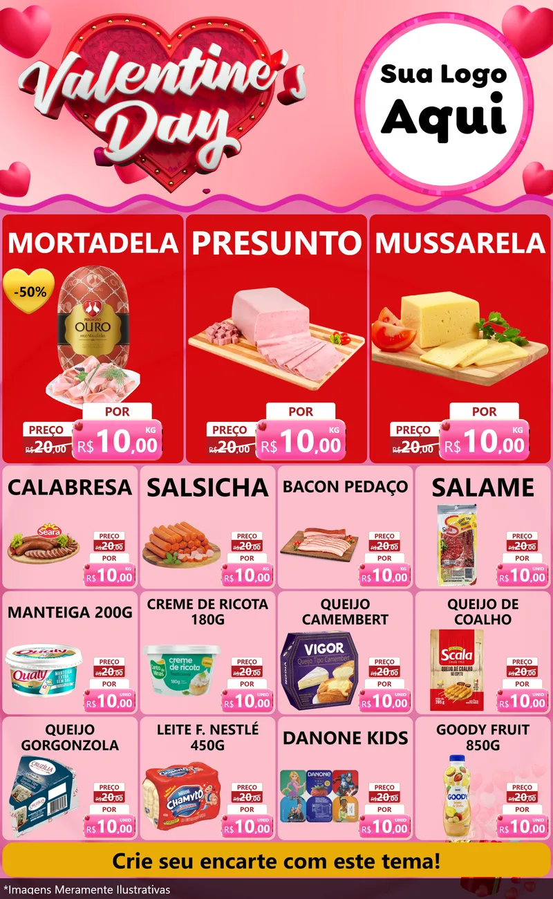 Modelo de Encarte para Encarte Grande com o tema Valentine's Day para Frios e Laticínios