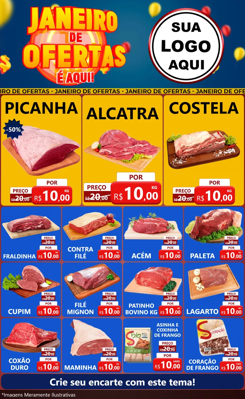 Modelo de Encarte para Encarte Grande com o tema Janeiro de Ofertas É Aqui! para Açougue