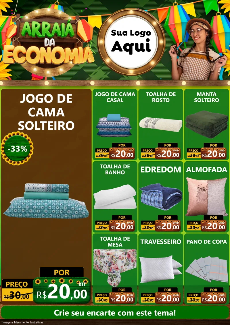 Modelo de Encarte para Encarte A4 Vertical com o tema Arraiá de Economia para Cama, Mesa e Banho