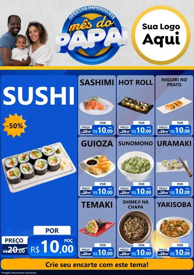 Modelo de Encarte para Encarte A4 Vertical com o tema Ofertas Imperdíveis Mês Do Papai para Comida japonesa