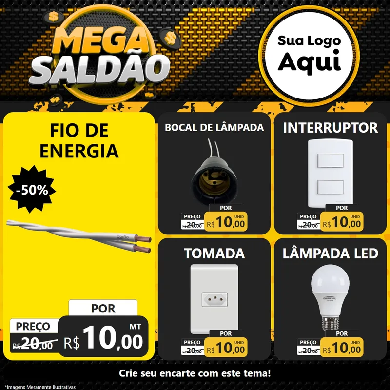 Modelo de Rede Social para Feed Facebook com o tema Mega Saldão para Materiais Elétricos