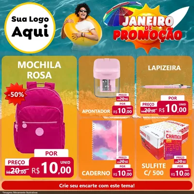 Modelo de Rede Social para Feed Facebook com o tema Janeiro de Promoção para Papelaria