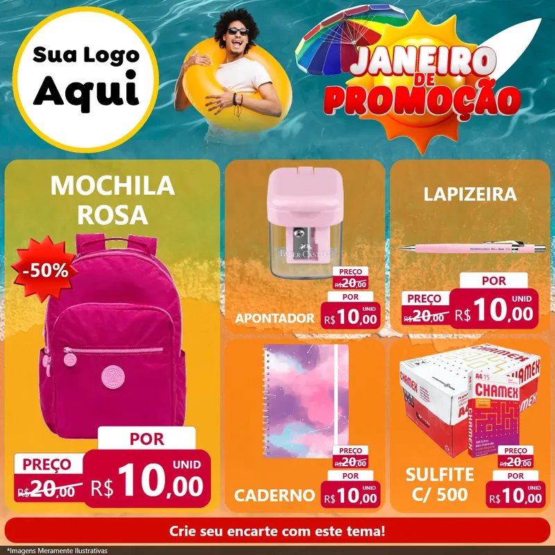Modelo de Rede Social para Feed Facebook com o tema Janeiro de Promoção para Papelaria