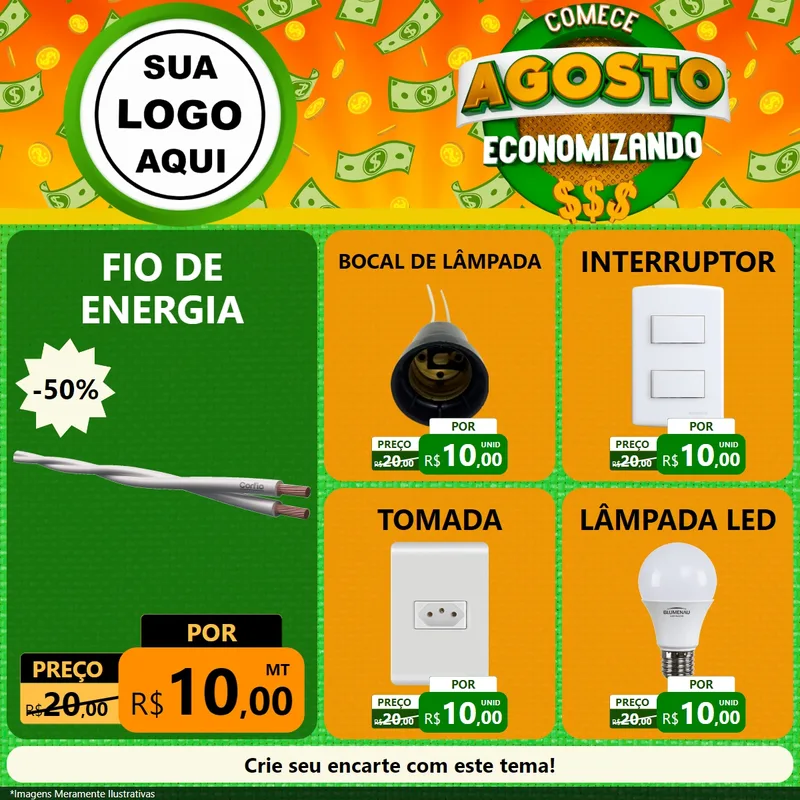 Modelo de Rede Social para Feed Facebook com o tema Comece Agosto Economizando para Materiais Elétricos