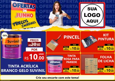 Modelo de Encarte para Encarte A4 Horizontal com o tema Ofertas de Junho - Preços Incríveis para Tintas e Ferramentas
