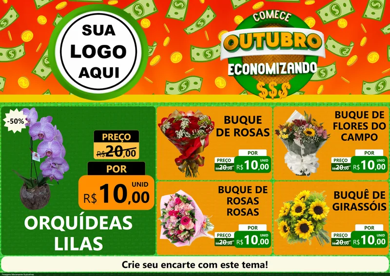 Modelo de Encarte para Encarte A4 Horizontal com o tema Comece Outubro Economizando para Floricultura e jardim