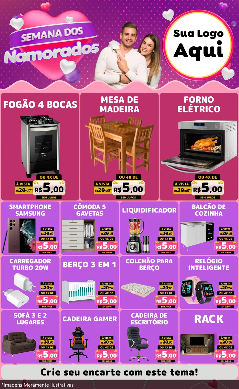 Modelo de Encarte para Encarte Grande com o tema Semana dos Namorados para Móveis e Eletro