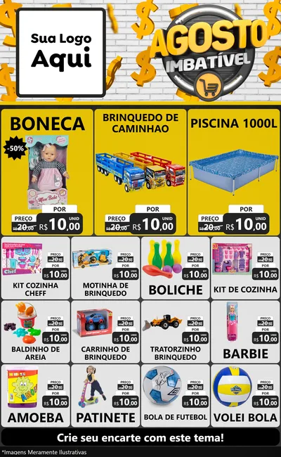Modelo de Encarte para Encarte Grande com o tema Agosto imbatível para Brinquedos