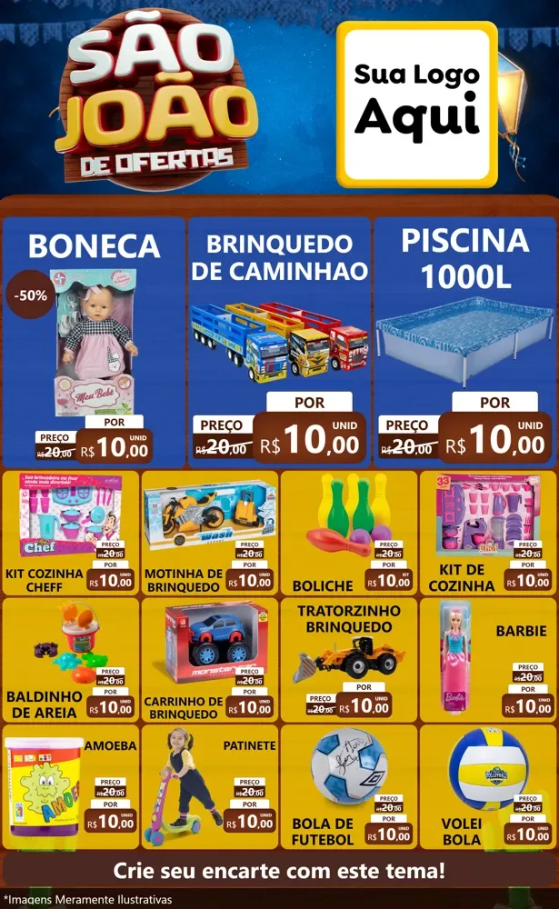 Modelo de Encarte para Encarte Grande com o tema São João Ofertas Imbatíveis! - Junina para Brinquedos
