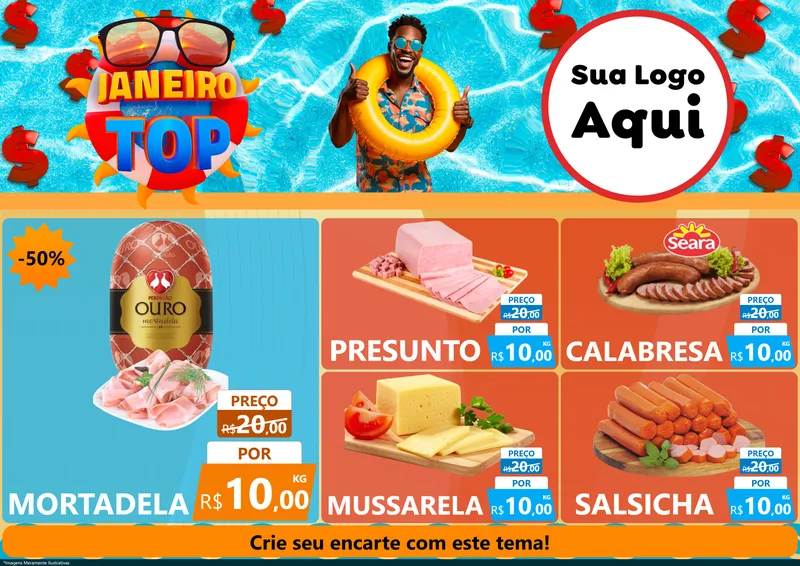 Modelo de Encarte para Encarte A4 Horizontal com o tema Janeiro Top para Frios e Laticínios
