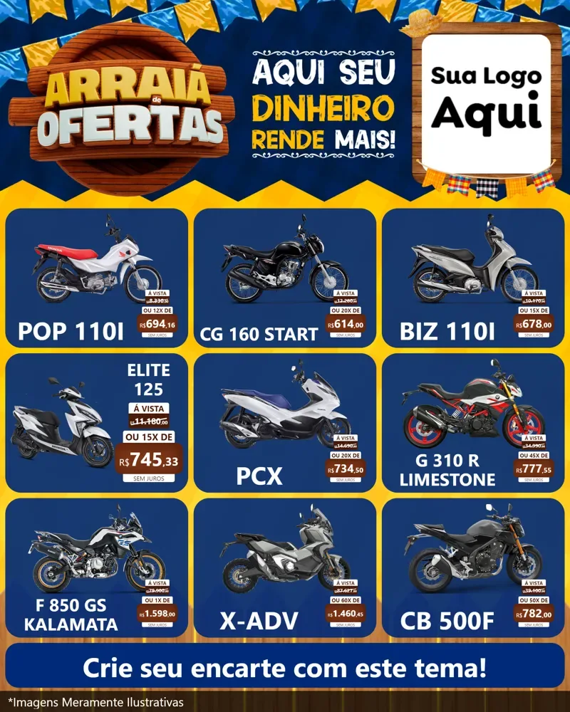 Modelo de Rede Social para Feed Instagram com o tema Arraiá de Ofertas - Junina para Concessionaria de Motos