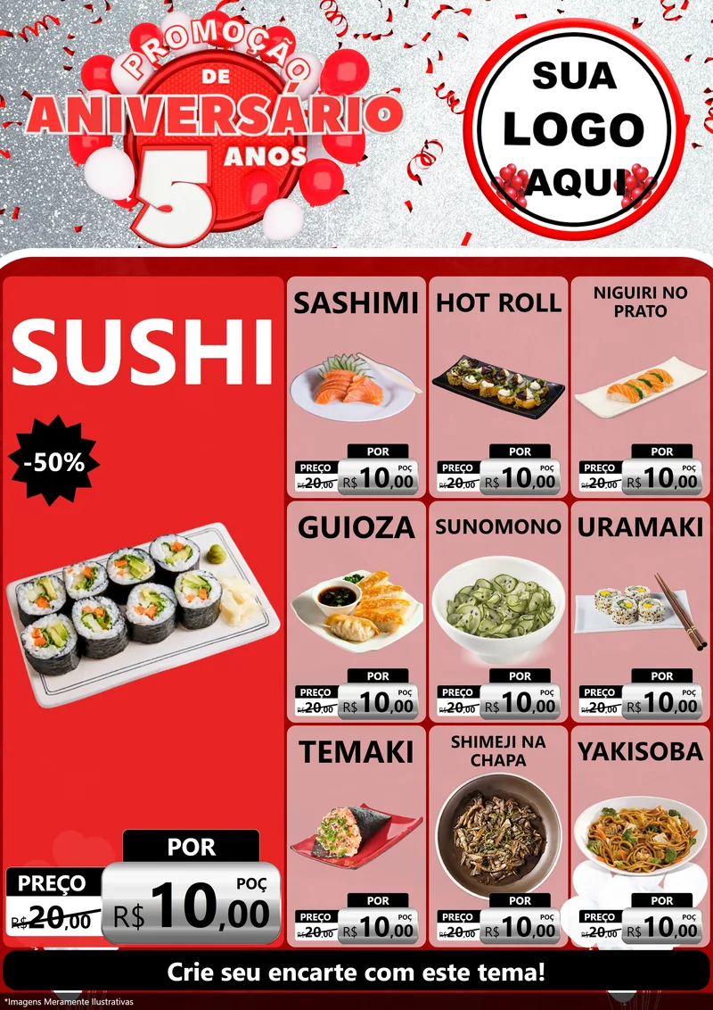 Modelo de Encarte para Encarte A4 Vertical com o tema Promoção de Aniversário - 5 Anos para Comida japonesa