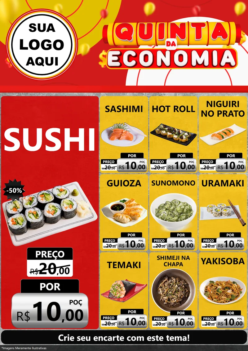 Modelo de Encarte para Encarte A4 Vertical com o tema Quinta da Economia para Comida japonesa