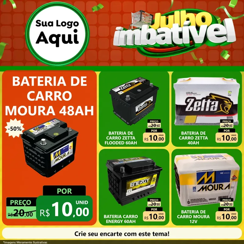 Modelo de Rede Social para Feed Facebook com o tema Julho Imbatível para Baterias Elétricas