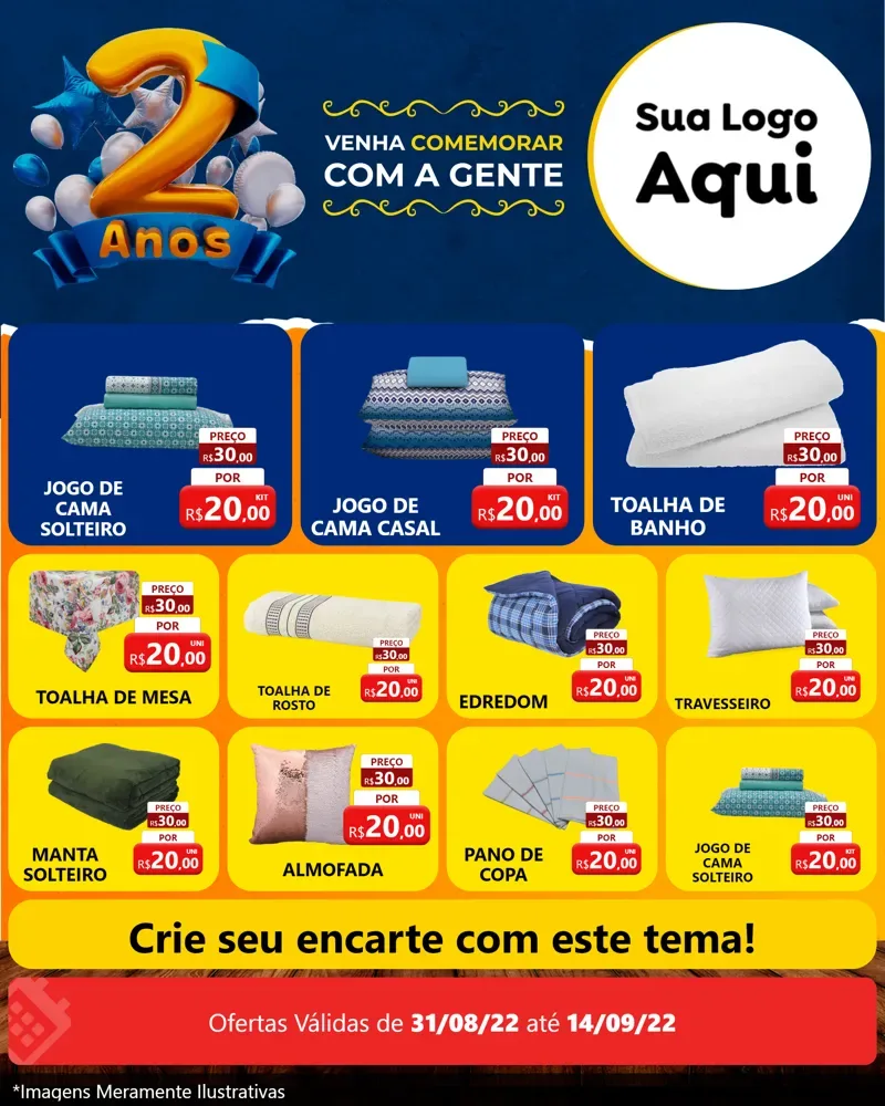 Modelo de Rede Social para Feed Instagram com o tema Aniversário de 2 anos para Cama, Mesa e Banho