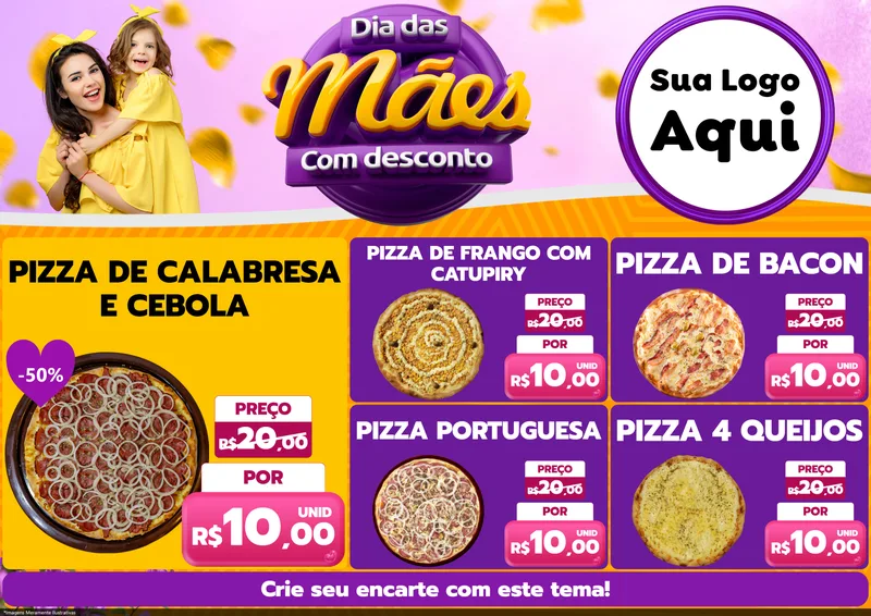 Modelo de Encarte para Encarte A4 Horizontal com o tema Dia das Mães com Desconto para Pizzaria