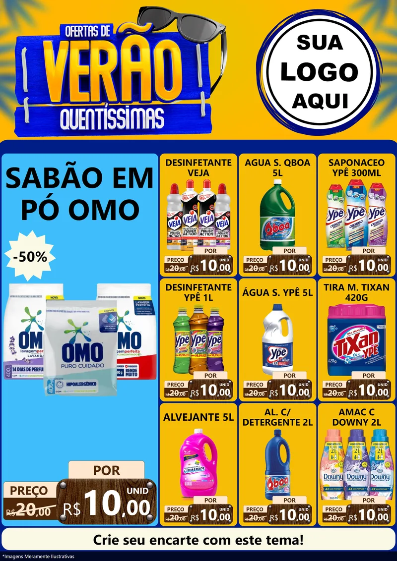 Modelo de Encarte para Encarte A4 Vertical com o tema Ofertas de Verão Quentíssimas para Produtos de Limpeza