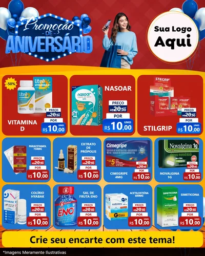 Modelo de Rede Social para Feed Instagram com o tema Promoção de Aniversário para Farmácia