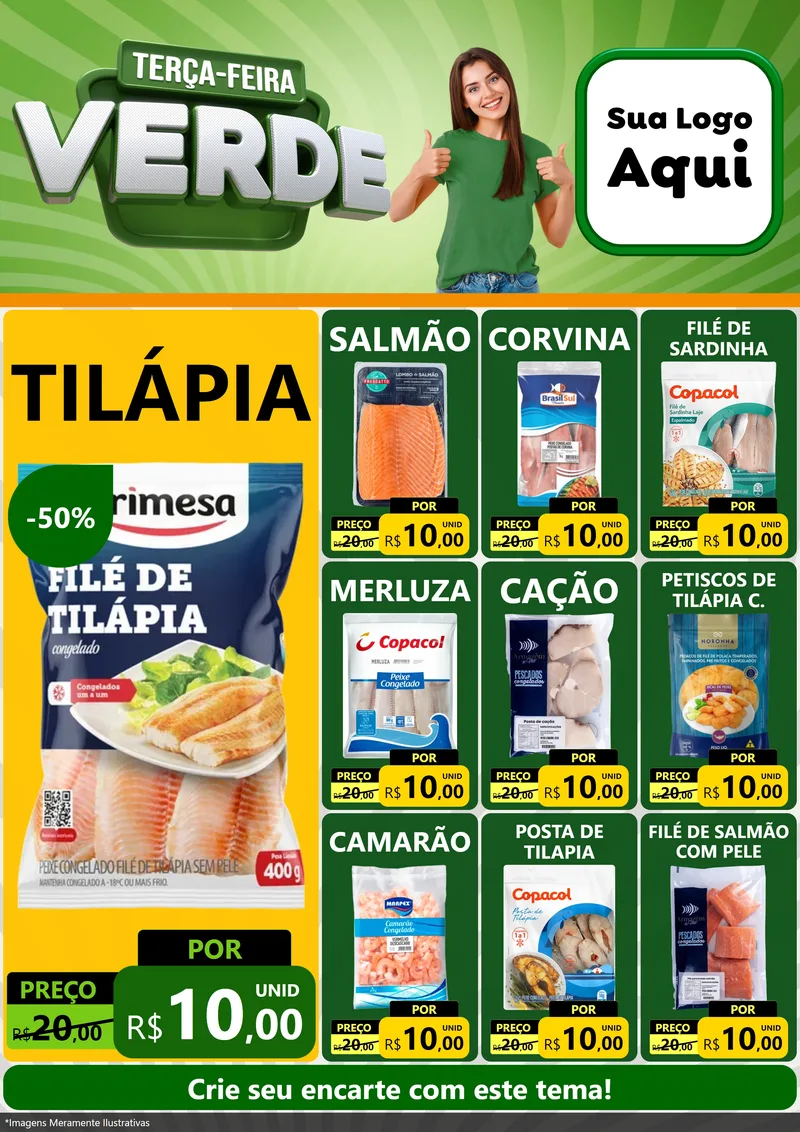 Modelo de Encarte para Encarte A4 Vertical com o tema Terça - Feira Verde para Peixaria