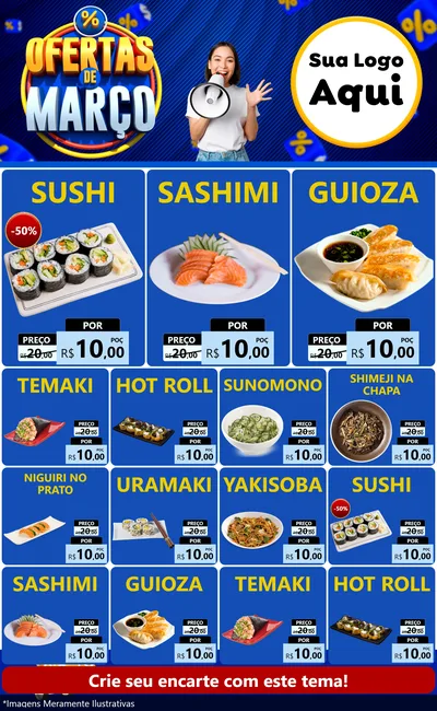 Modelo de Encarte para Encarte Grande com o tema Ofertas de Março para Comida japonesa