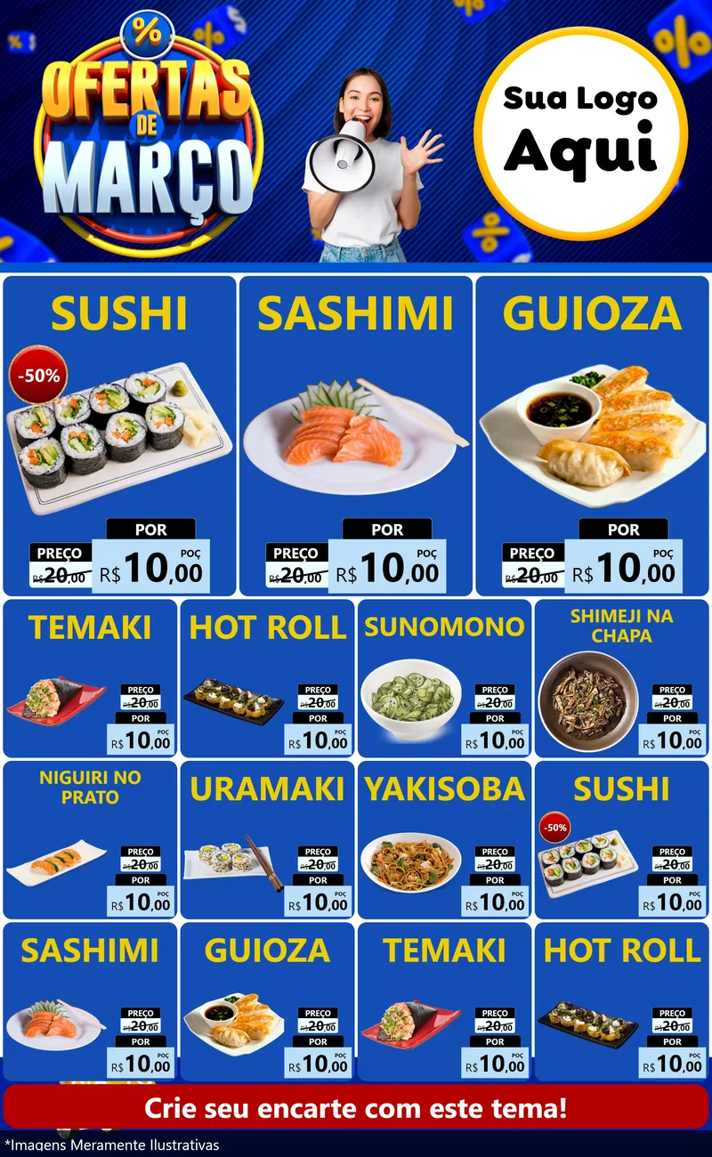 Modelo de Encarte para Encarte Grande com o tema Ofertas de Março para Comida japonesa
