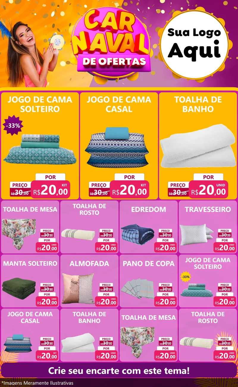 Modelo de Encarte para Encarte Grande com o tema Carnaval de Ofertas para Cama, Mesa e Banho