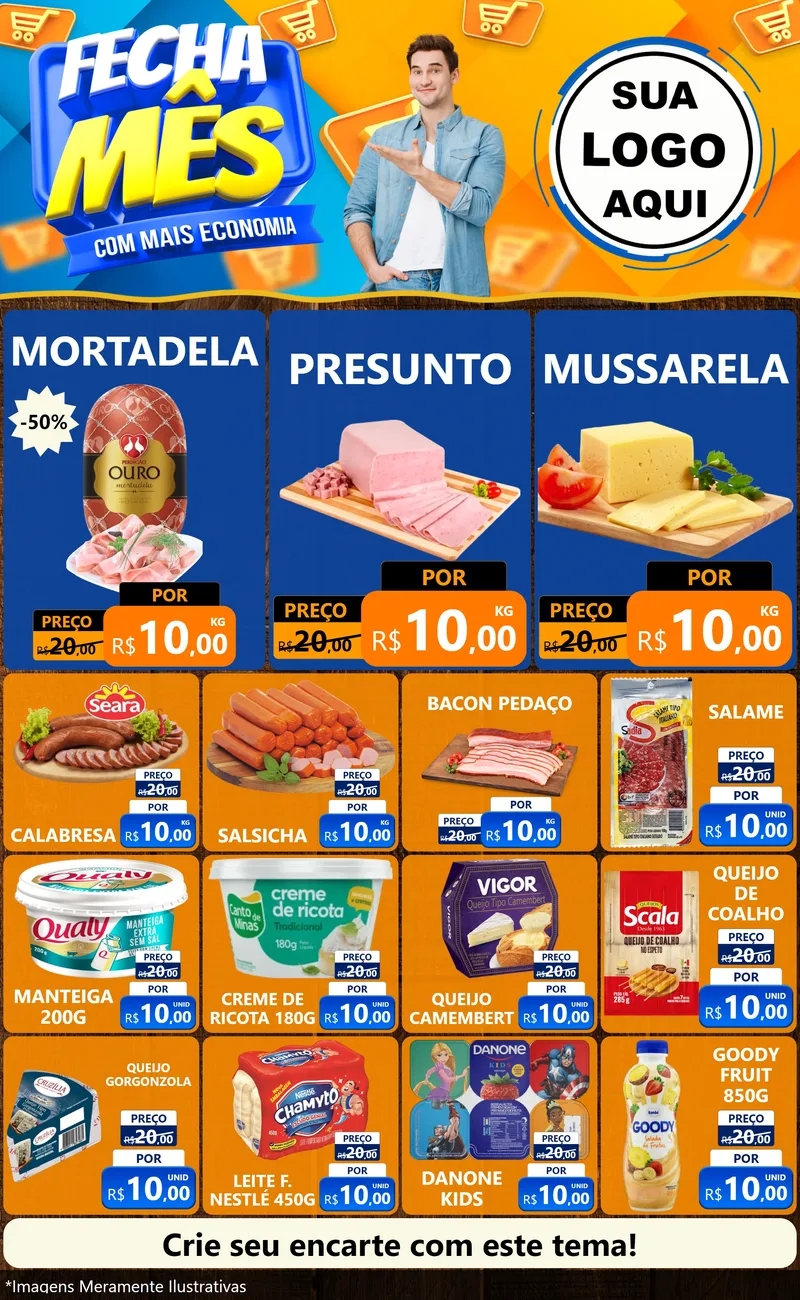 Modelo de Encarte para Encarte Grande com o tema Fecha Mês Com Mais Economia para Frios e Laticínios